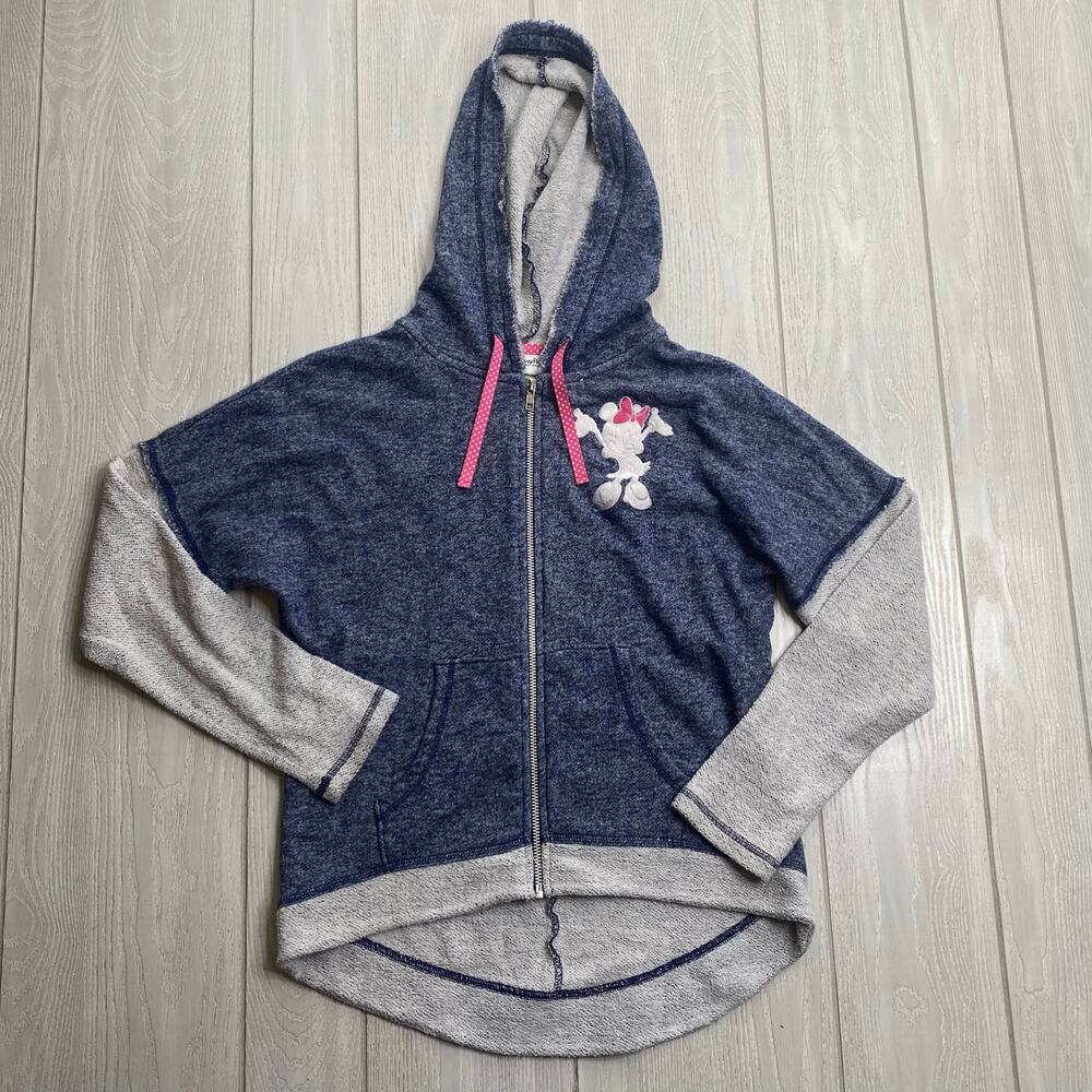 Disney Parks Minnie Mouse Full Zip Hoodie Sweatshirt Blue & Gray Size Small